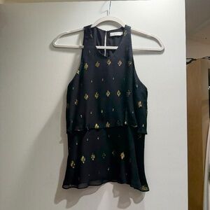 A.L.C. High Neck Black and Gold Sleeveless Silk Top